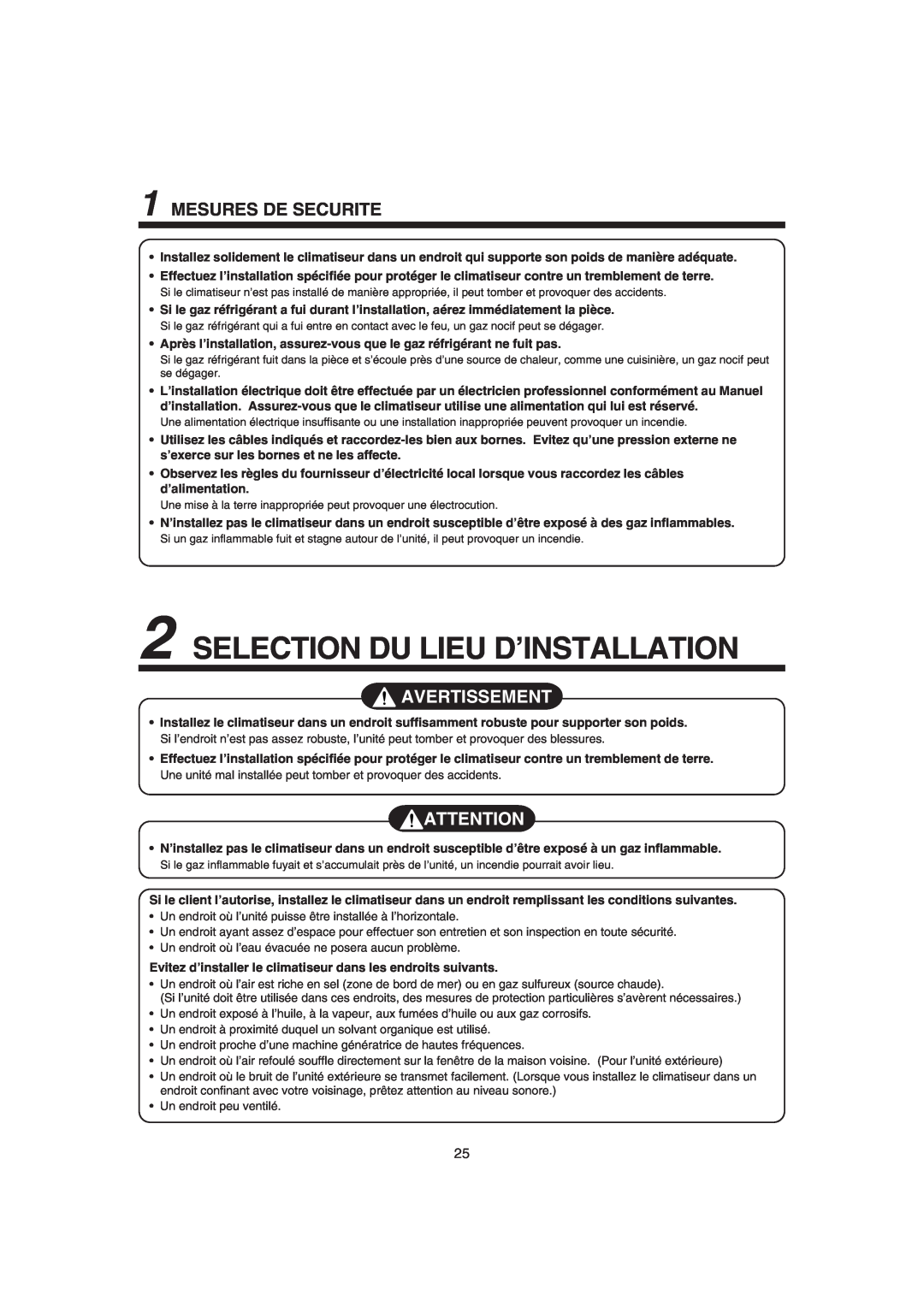 Pentax MMK-AP0181H, MMK-AP0121H, MMK-AP0071H Selection Du Lieu D’Installation, Mesures De Securite, Avertissement 