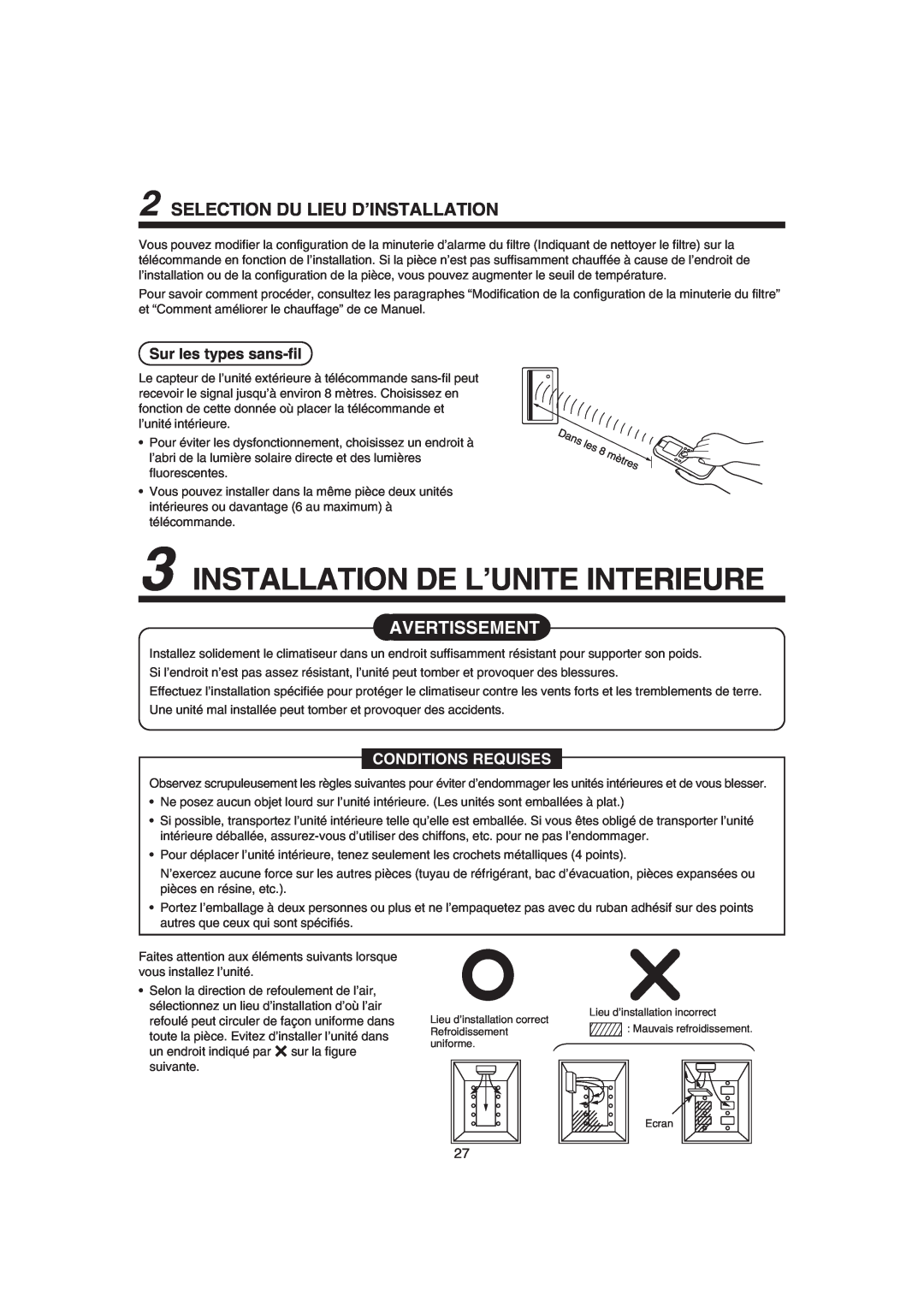 Pentax MMK-AP0121H Installation De L’Unite Interieure, Selection Du Lieu D’Installation, Sur les types sans-fil 