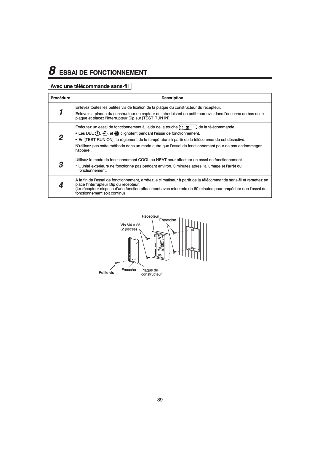 Pentax MMK-AP0121H, MMK-AP0181H, MMK-AP0071H installation manual Essai De Fonctionnement, Avec une télécommande sans-fil 