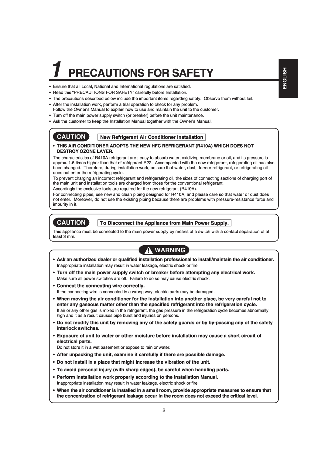 Pentax MMK-AP0071H, MMK-AP0121H, MMK-AP0181H Precautions For Safety, English, New Refrigerant Air Conditioner Installation 