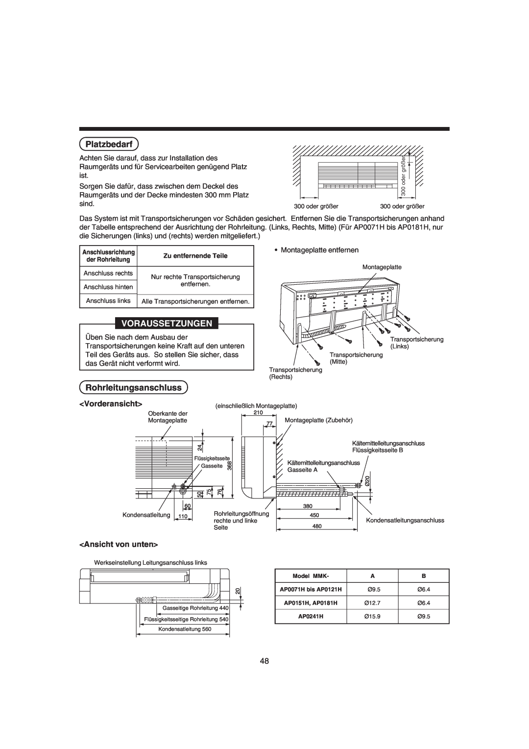 Pentax MMK-AP0121H, MMK-AP0181H Platzbedarf, Voraussetzungen, Rohrleitungsanschluss, <Vorderansicht>, <Ansicht von unten> 