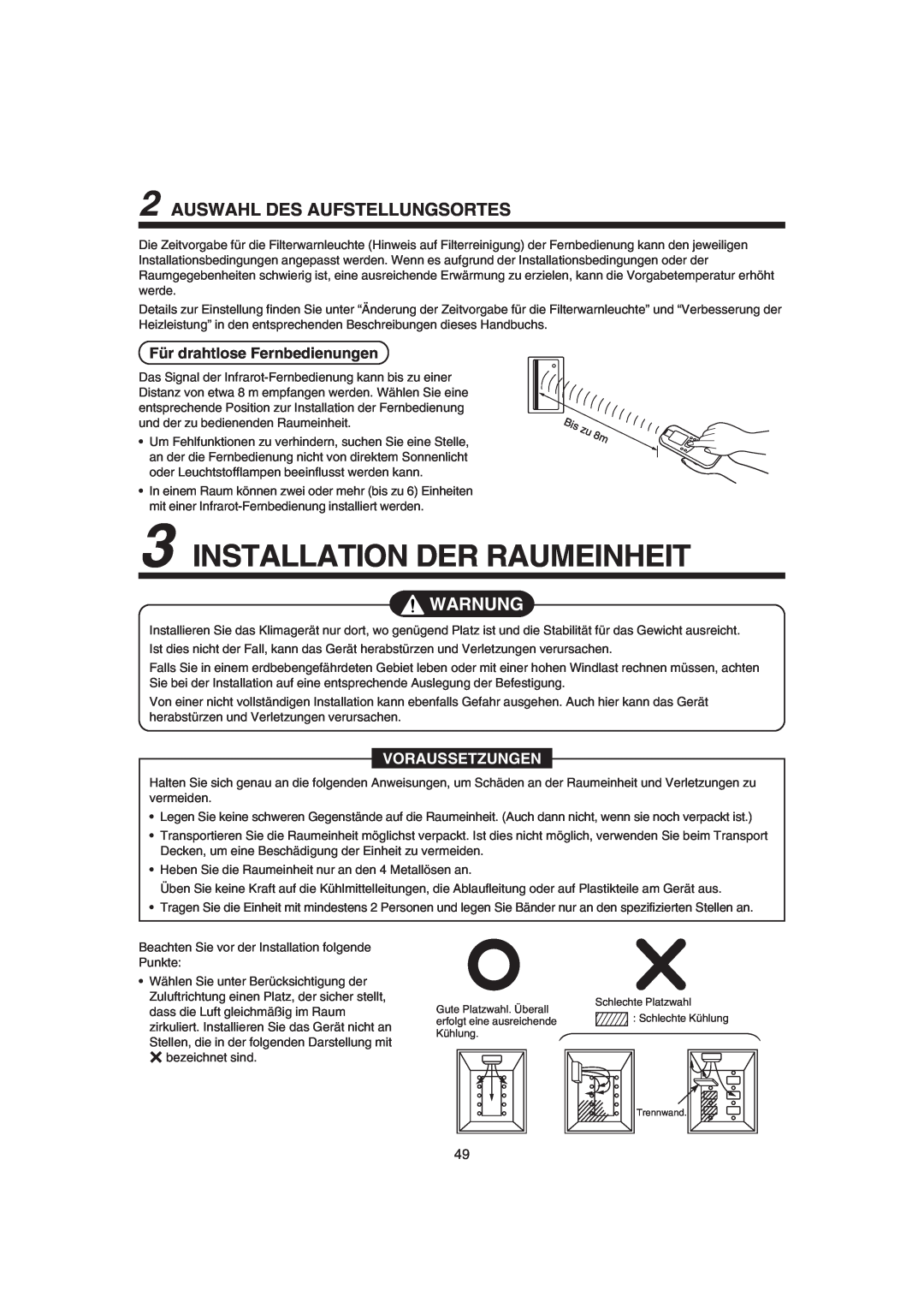 Pentax MMK-AP0181H Installation Der Raumeinheit, Auswahl Des Aufstellungsortes, Für drahtlose Fernbedienungen, Warnung 