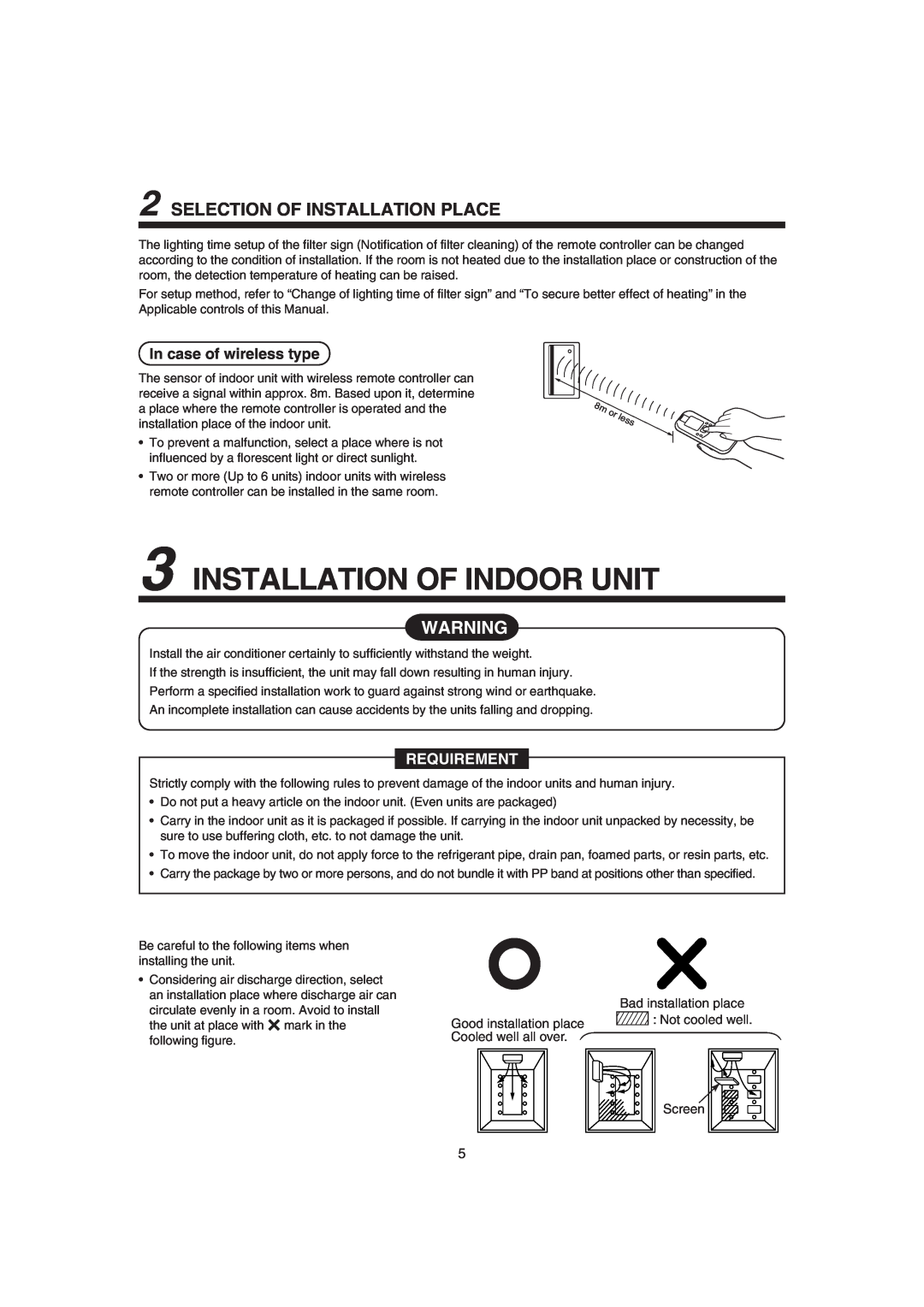 Pentax MMK-AP0071H Installation Of Indoor Unit, Selection Of Installation Place, In case of wireless type, Requirement 