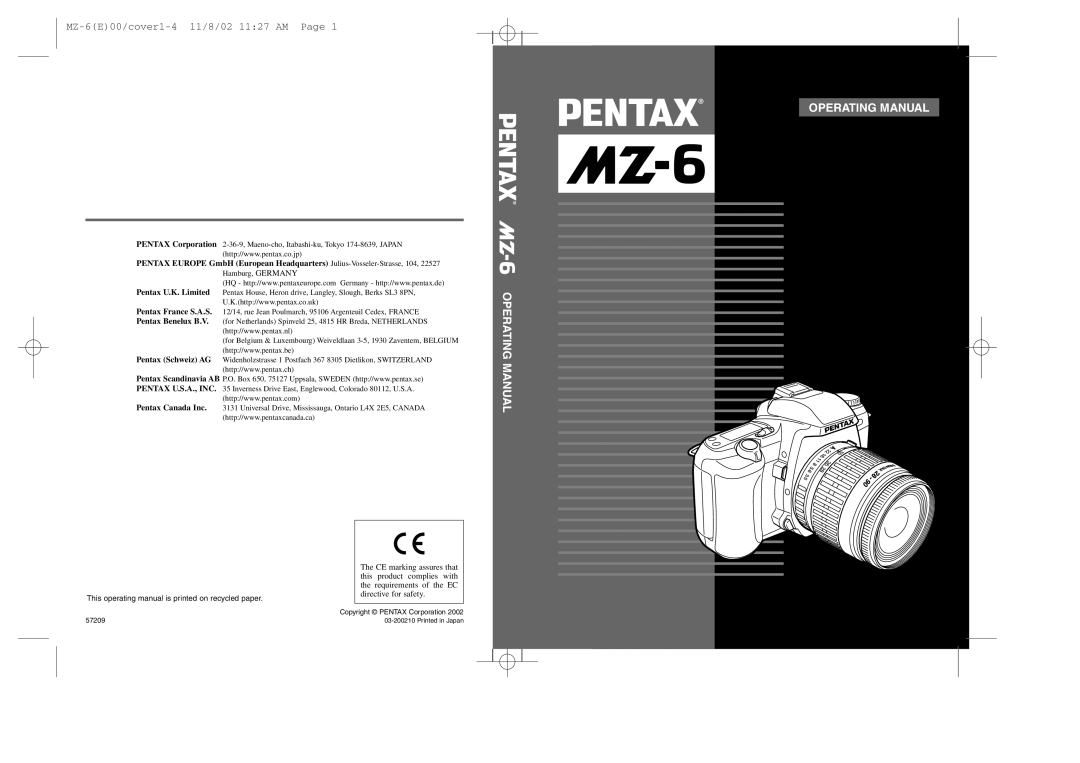 Pentax MZ-6 manual Operating Manual 