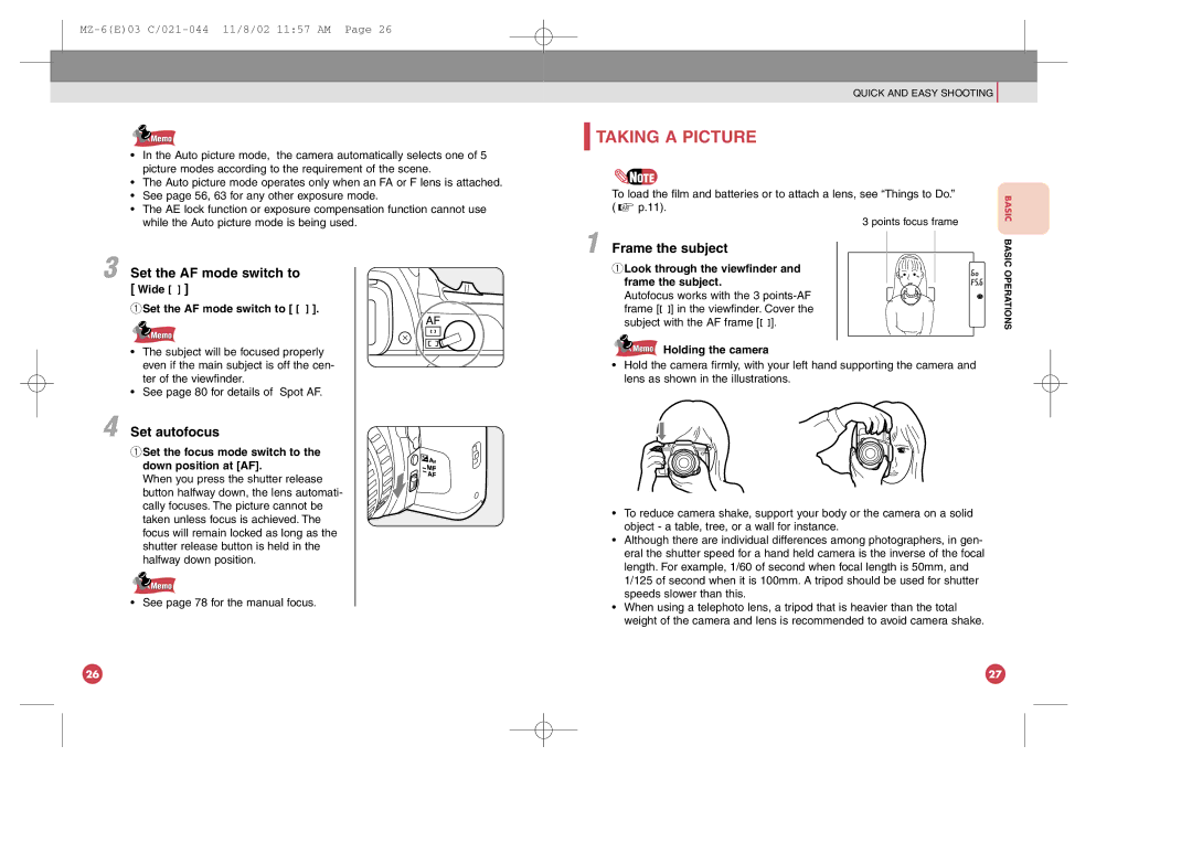 Pentax MZ-6 manual Taking a Picture, Set the AF mode switch to Wide, Set autofocus, Frame the subject 