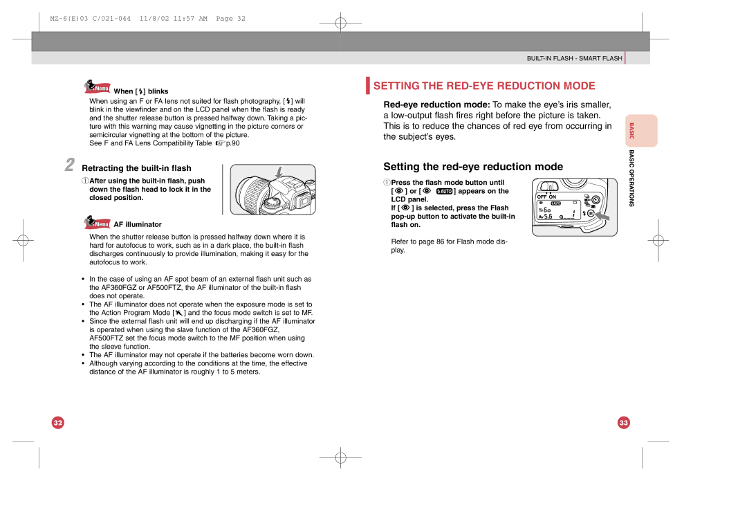 Pentax MZ-6 manual Setting the RED-EYE Reduction Mode, Setting the red-eye reduction mode, Retracting the built-in flash 