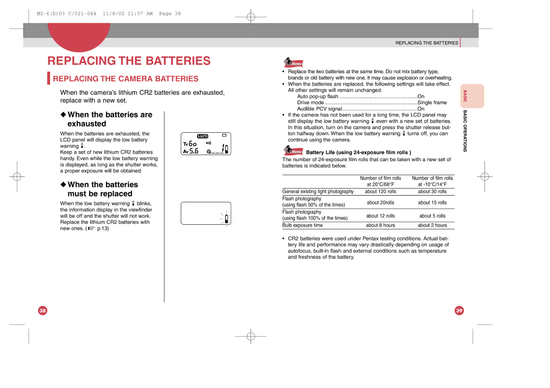 Pentax MZ-6 manual Replacing the Batteries, Replacing the Camera Batteries, When the batteries are Exhausted 