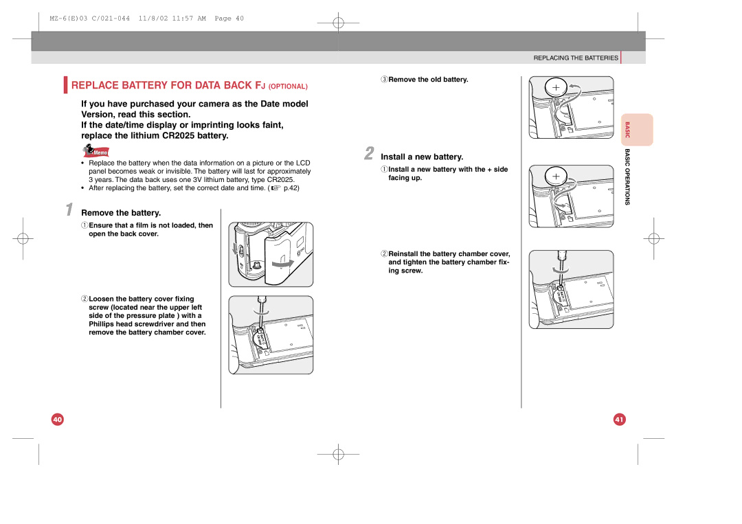 Pentax MZ-6 manual Remove the battery, Install a new battery, QEnsure that a film is not loaded, then open the back cover 