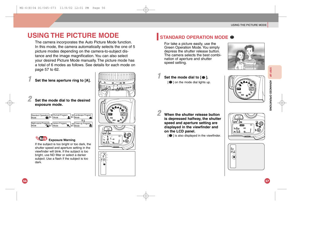 Pentax MZ-6 manual Using the Picture Mode, Standard Operation Mode, Set the mode dial to, On the mode dial lights up 