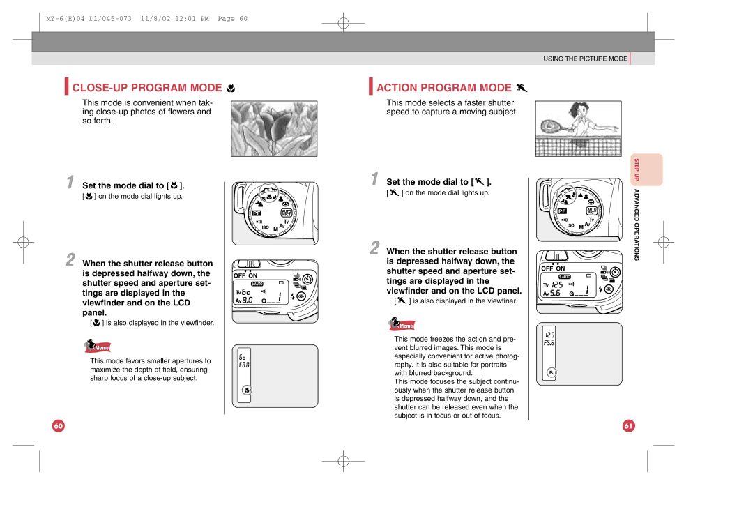 Pentax MZ-6 manual CLOSE-UP Program Mode, Action Program Mode 