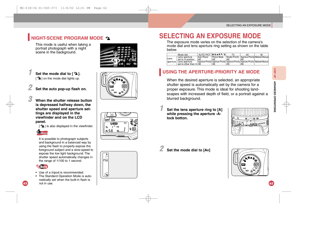 Pentax MZ-6 manual NIGHT-SCENE Program Mode, Using the APERTURE-PRIORITY AE Mode, Set the lens aperture ring to a 
