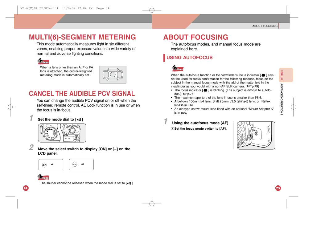 Pentax MZ-6 manual MULTI6-SEGMENT Metering, About Focusing, Using Autofocus, Using the autofocus mode AF 