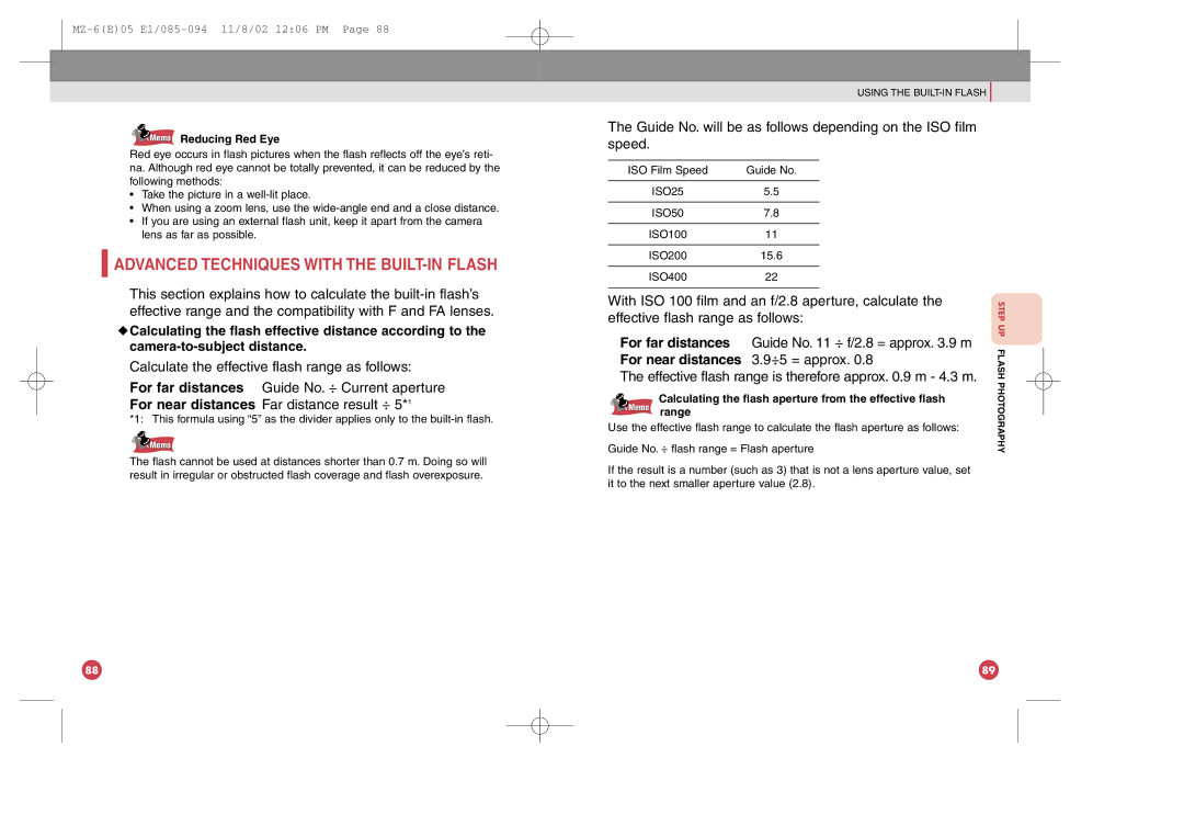 Pentax MZ-6 manual For near distances 3.9÷5 = approx, Memo Reducing Red Eye 