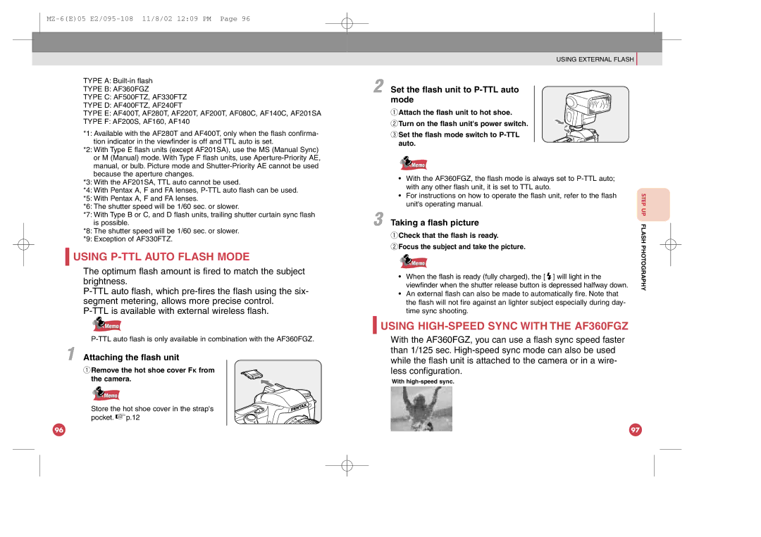 Pentax MZ-6 manual Using P-TTL Auto Flash Mode, Using HIGH-SPEED Sync with the AF360FGZ, Attaching the flash unit 