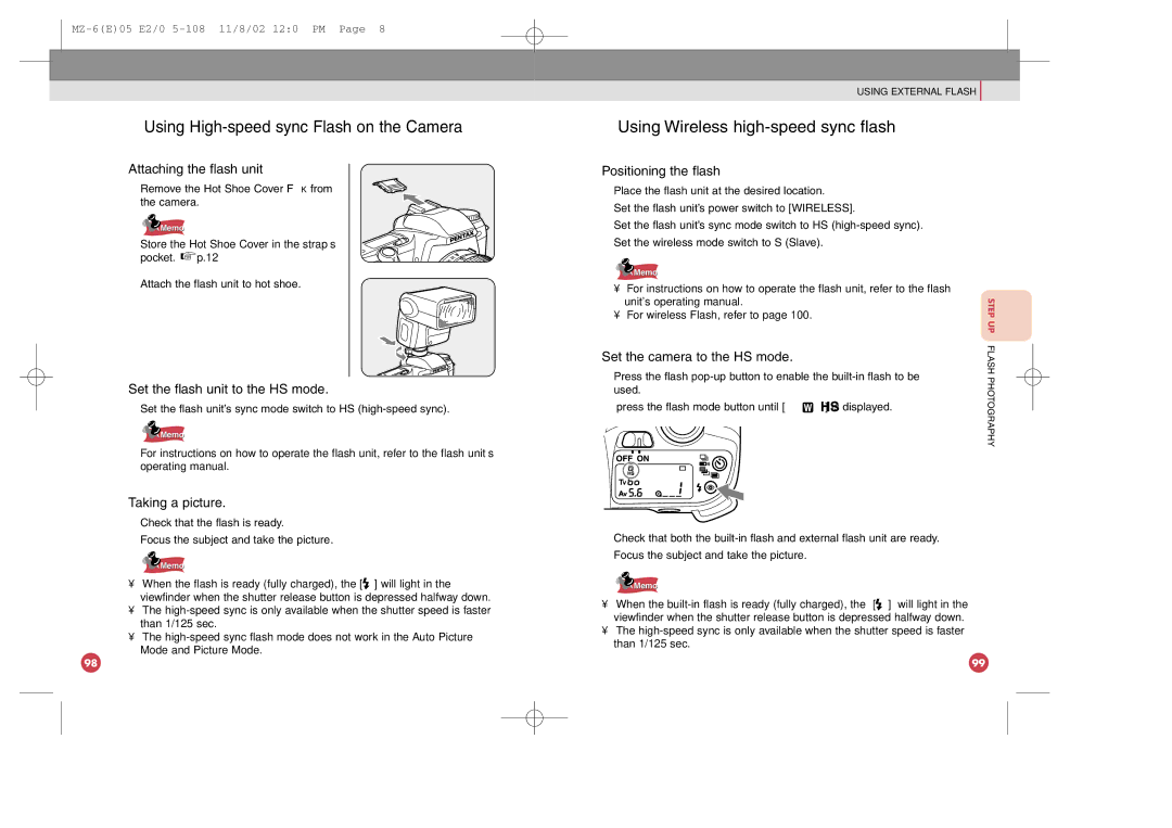 Pentax MZ-6 manual Using Wireless high-speed sync flash, Set the flash unit to the HS mode, Positioning the flash 