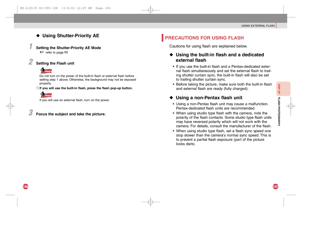 Pentax MZ-6 manual Using Shutter-Priority AE, Precautions for Using Flash, Using a non-Pentax flash unit 