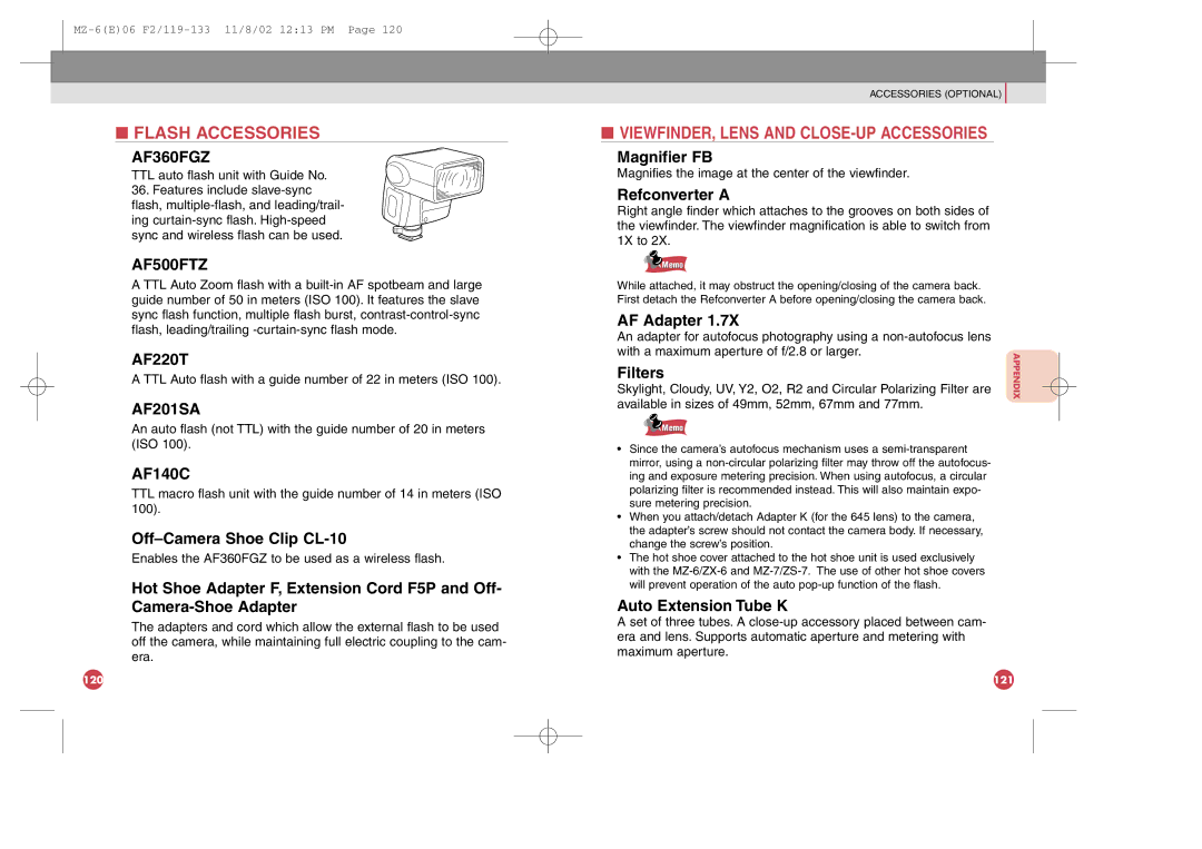 Pentax MZ-6 manual Flash Accessories, AF360FGZ 