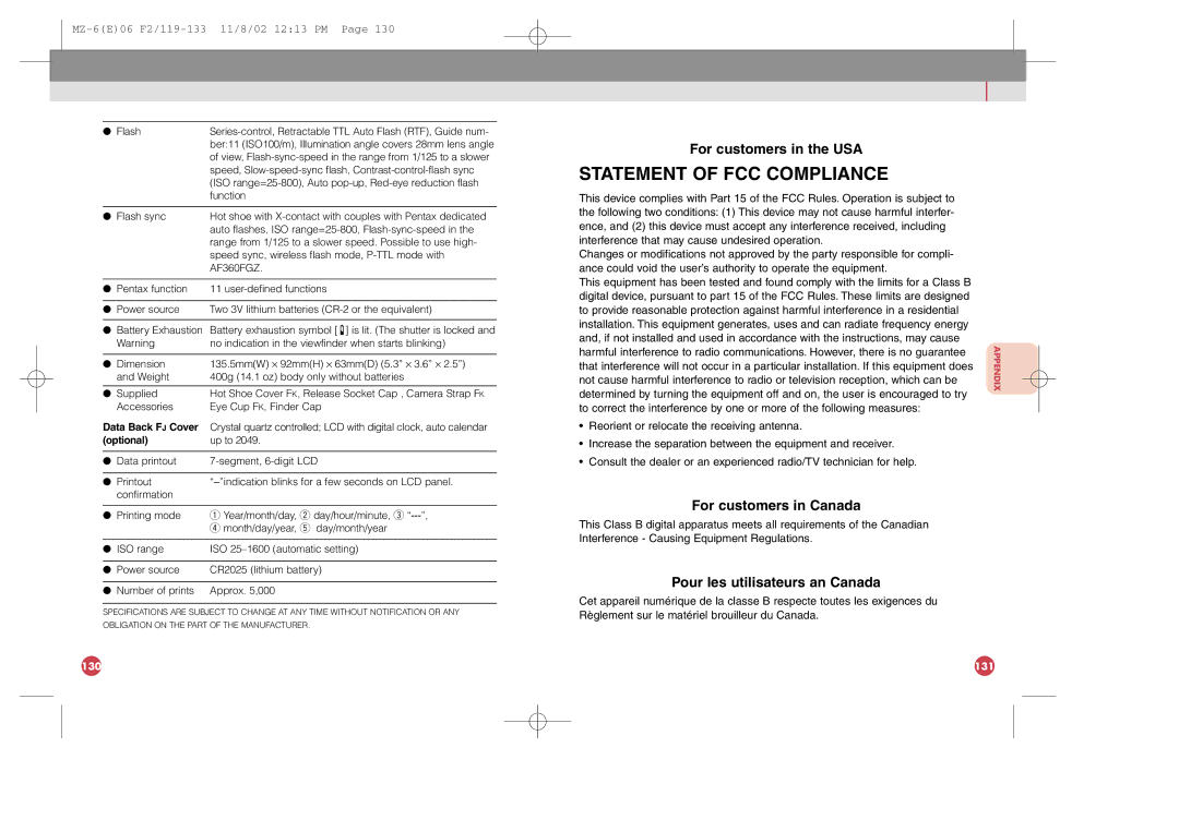 Pentax MZ-6 manual For customers in the USA, For customers in Canada, Pour les utilisateurs an Canada 