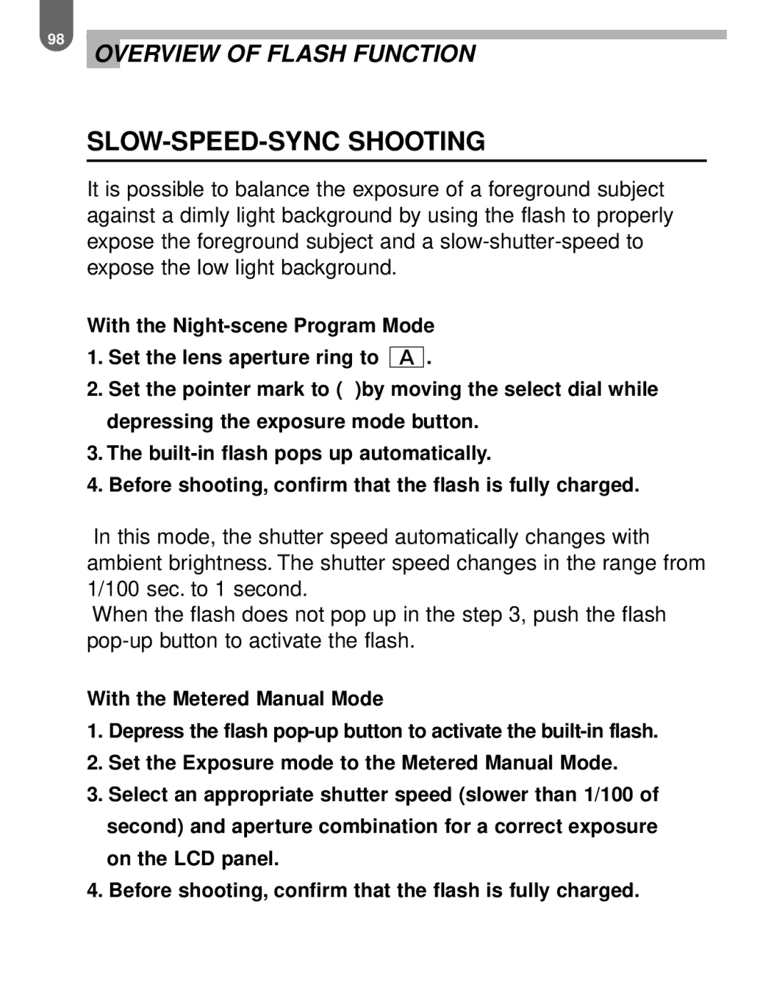 Pentax MZ-60 manual SLOW-SPEED-SYNC Shooting 