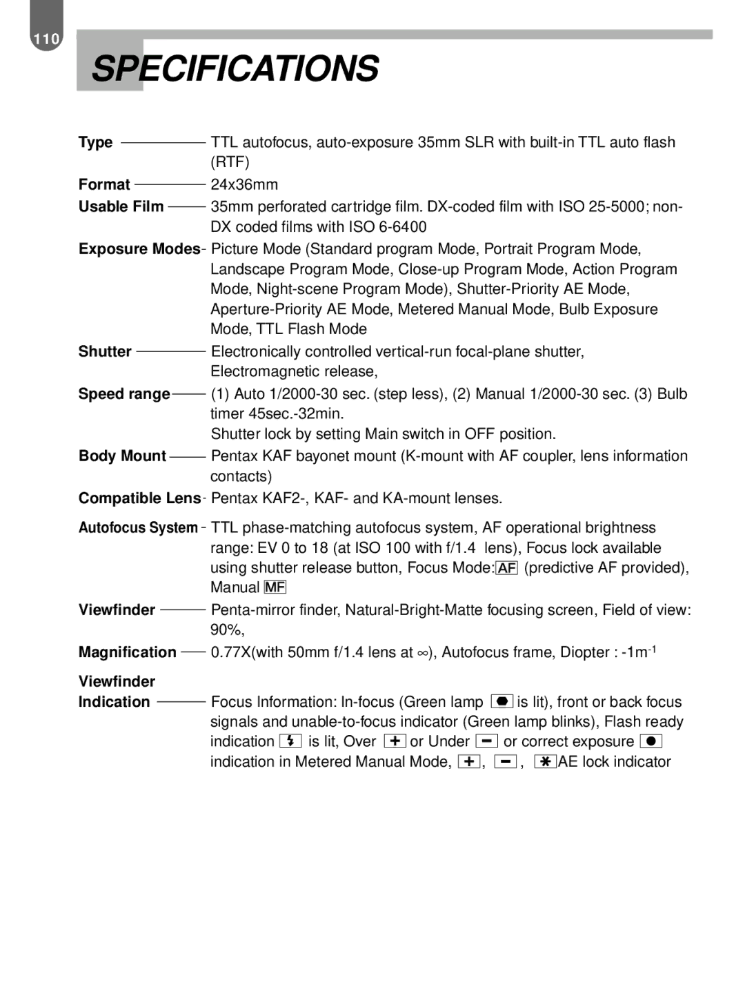 Pentax MZ-60 manual Specifications, Format 