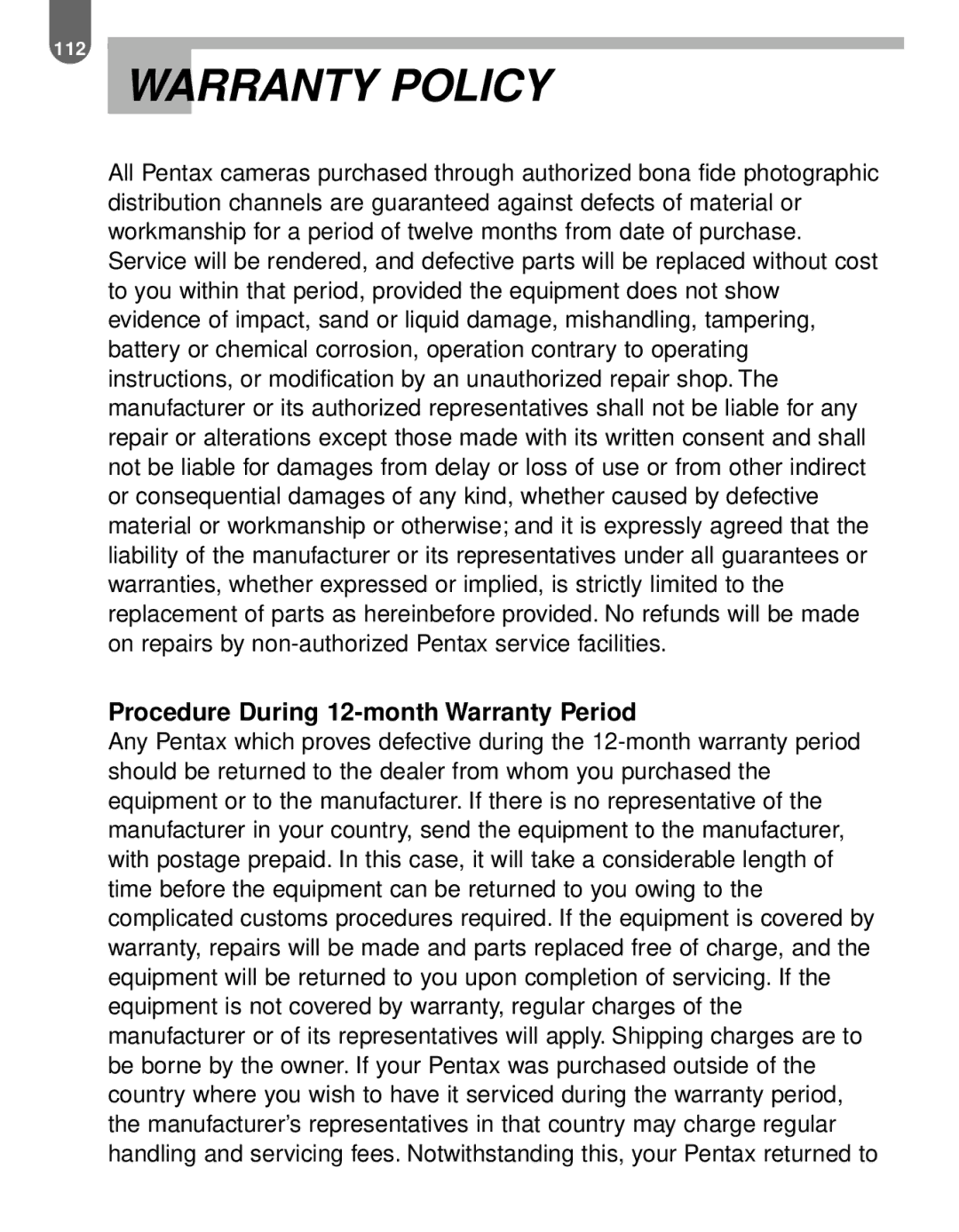 Pentax MZ-60 manual Warranty Policy, Procedure During 12-month Warranty Period 