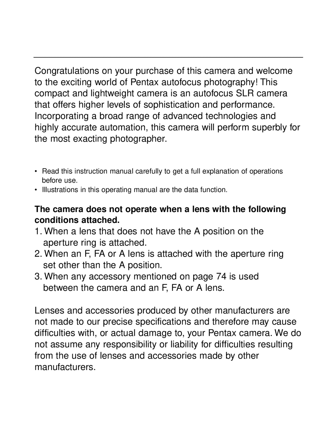 Pentax MZ-60 Illustrations in this operating manual are the data function 