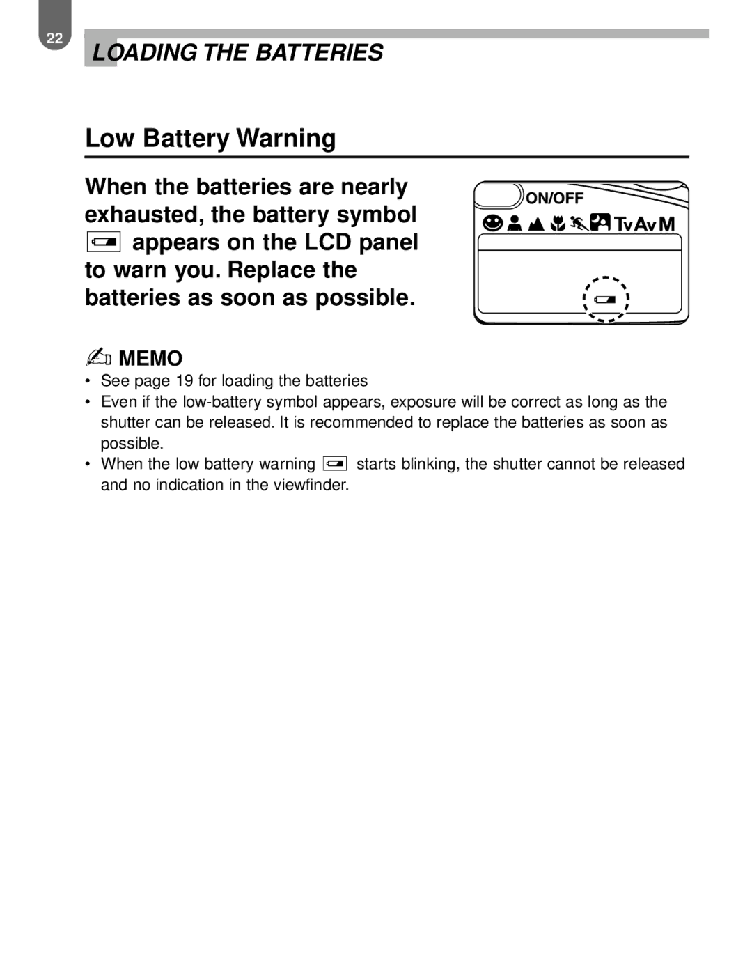 Pentax MZ-60 manual Low Battery Warning 