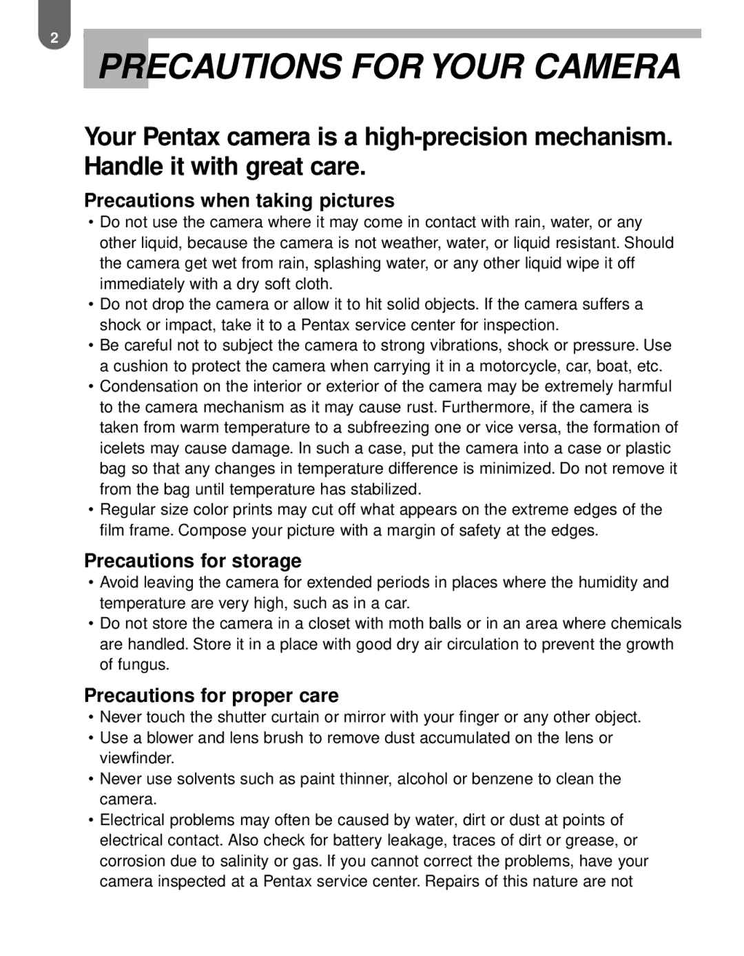 Pentax MZ-60 manual Precautions for Your Camera, Precautions when taking pictures 