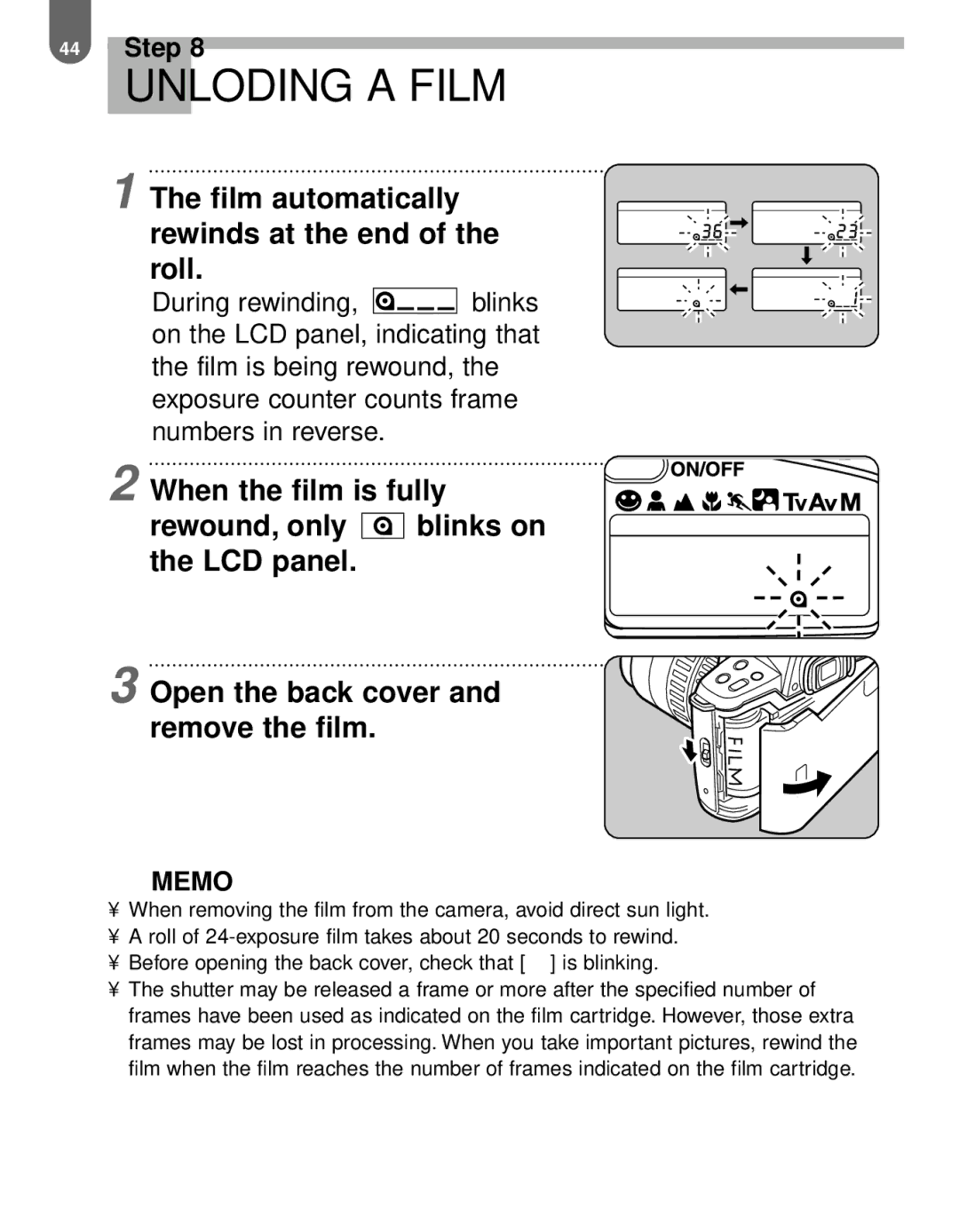 Pentax MZ-60 manual Unloding a Film, Film automatically rewinds at the end of the roll 