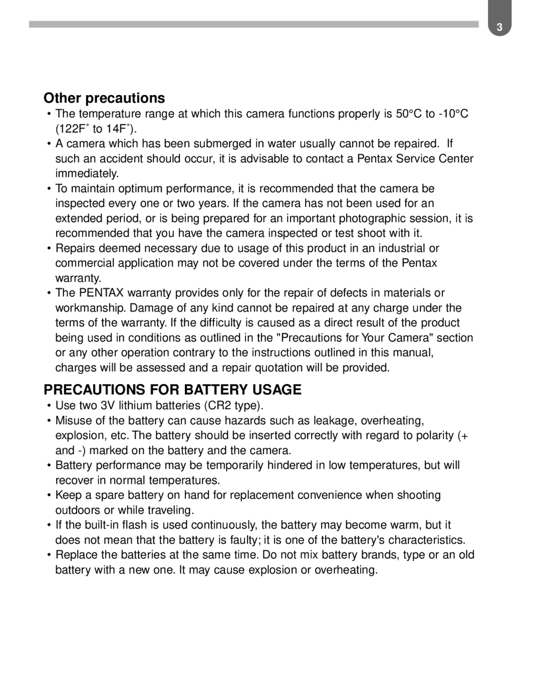 Pentax MZ-60 manual Precautions for Battery Usage 