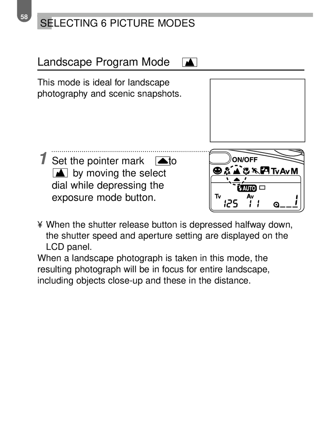 Pentax MZ-60 manual Landscape Program Mode 