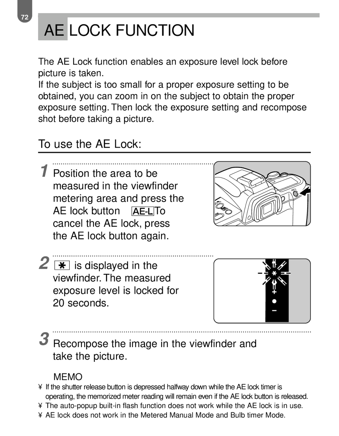 Pentax MZ-60 manual AE Lock Function, To use the AE Lock 