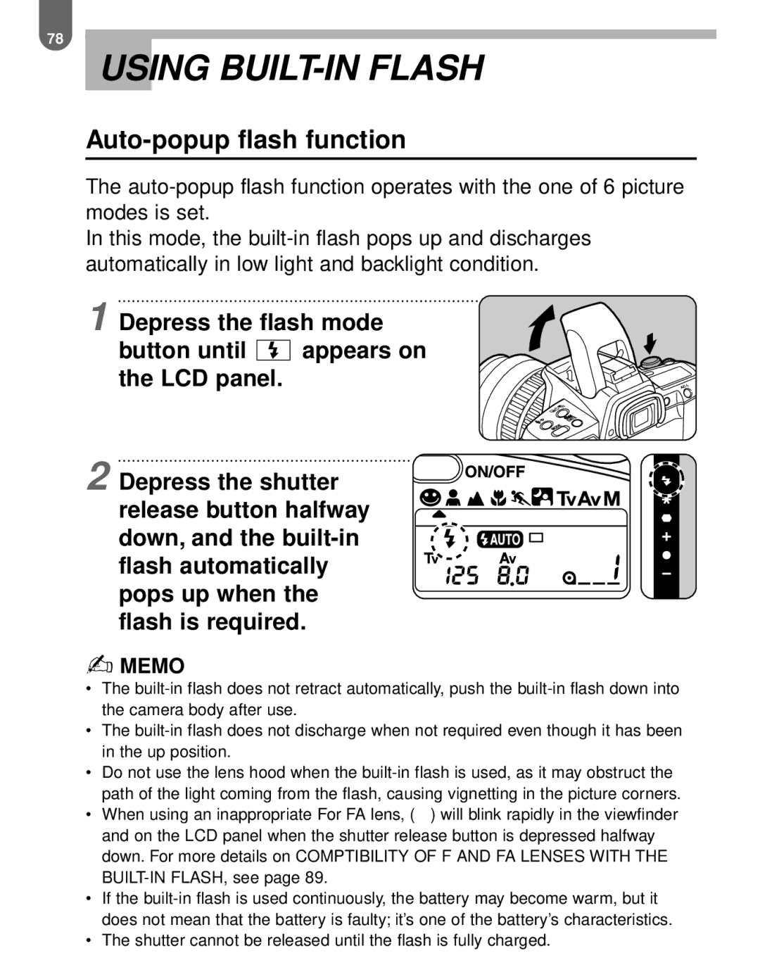 Pentax MZ-60 manual Using BUILT-IN Flash, Auto-popup flash function 