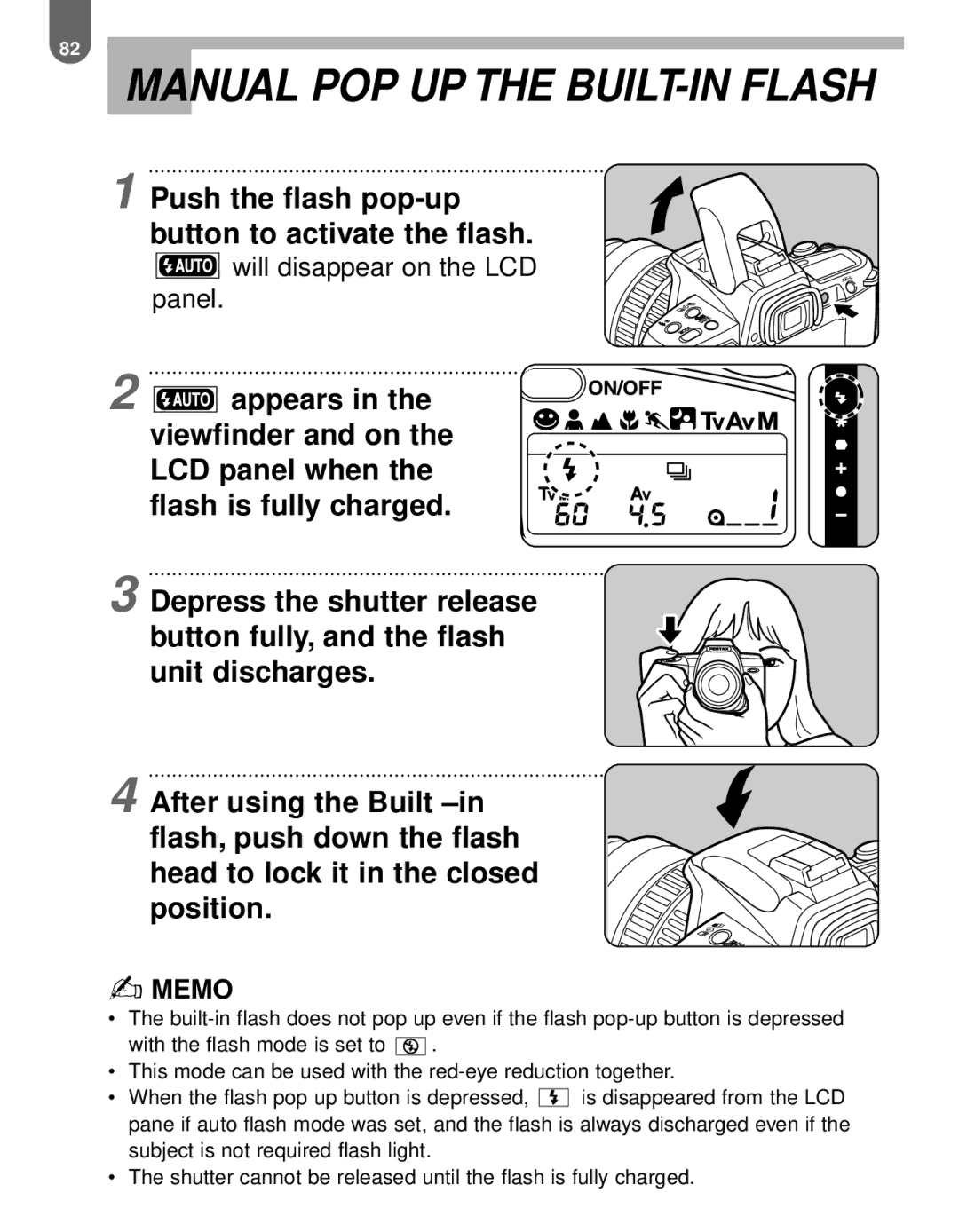 Pentax MZ-60 manual Manual POP UP the BUILT-IN Flash 