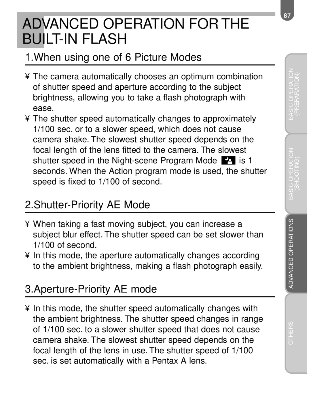 Pentax MZ-60 manual Advanced Operation for the BUILT-IN Flash, When using one of 6 Picture Modes 