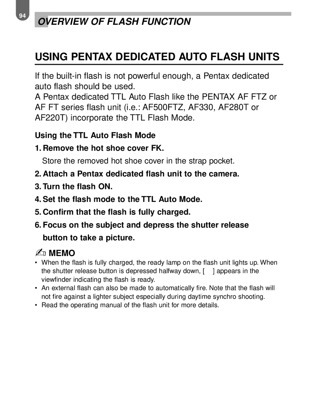 Pentax MZ-60 manual Using Pentax Dedicated Auto Flash Units 