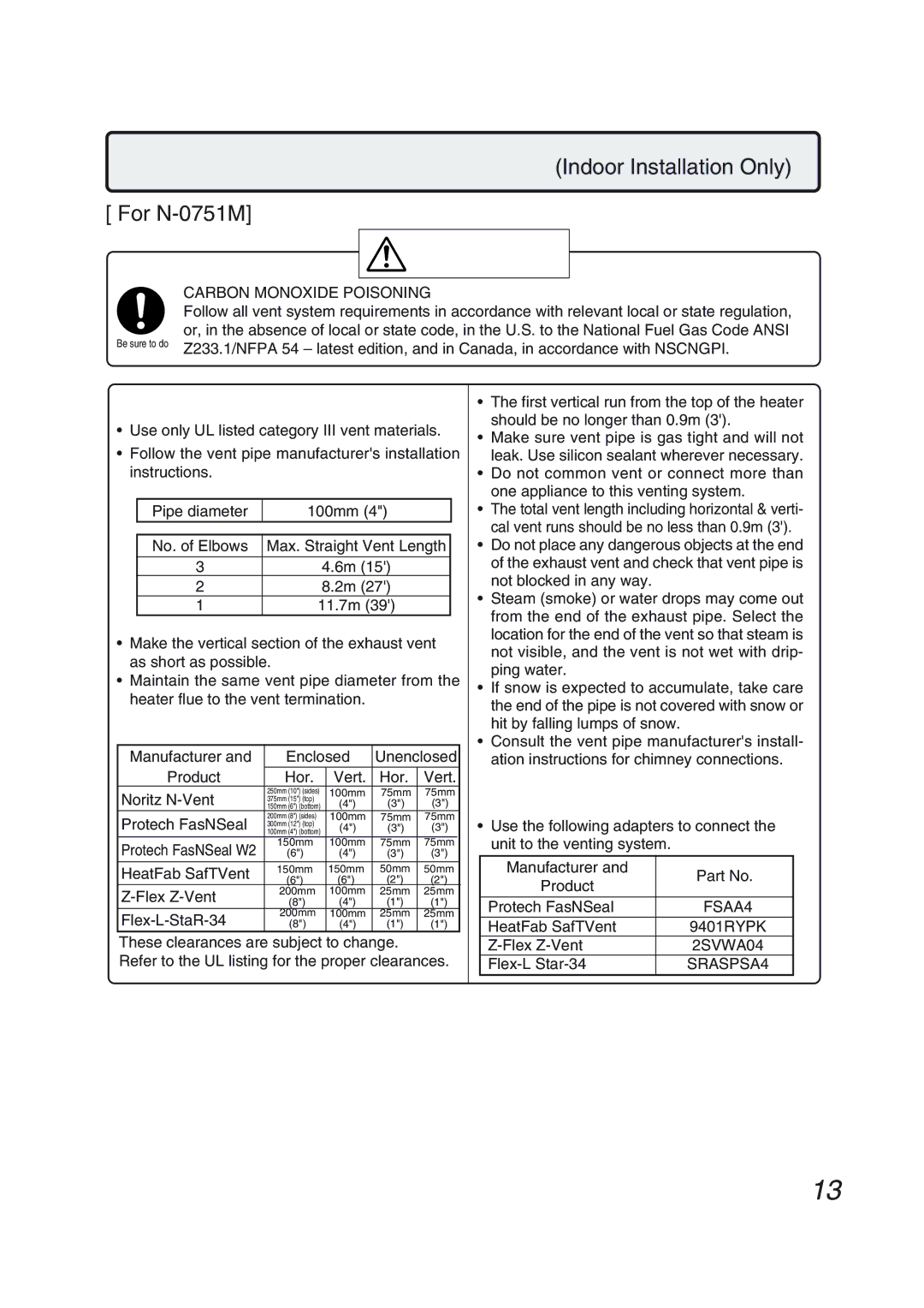 Pentax N-0751M-OD installation manual Vent Piping, Clearances, Appliance Adapters 