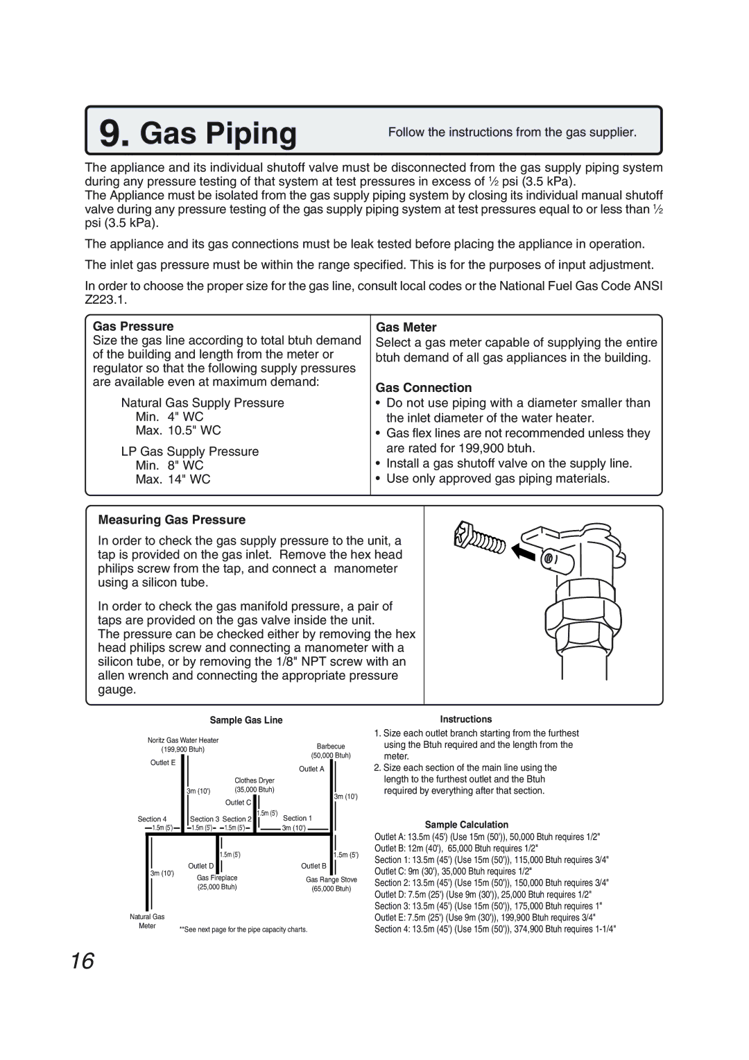 Pentax N-0751M-OD installation manual Gas Piping, Measuring Gas Pressure Gas Meter, Gas Connection 