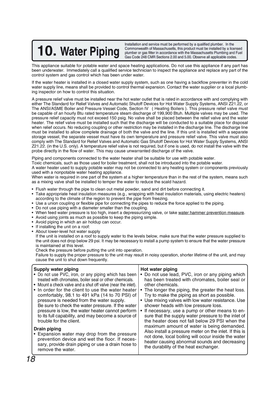 Pentax N-0751M-OD installation manual Supply water piping, Drain piping, Hot water piping 