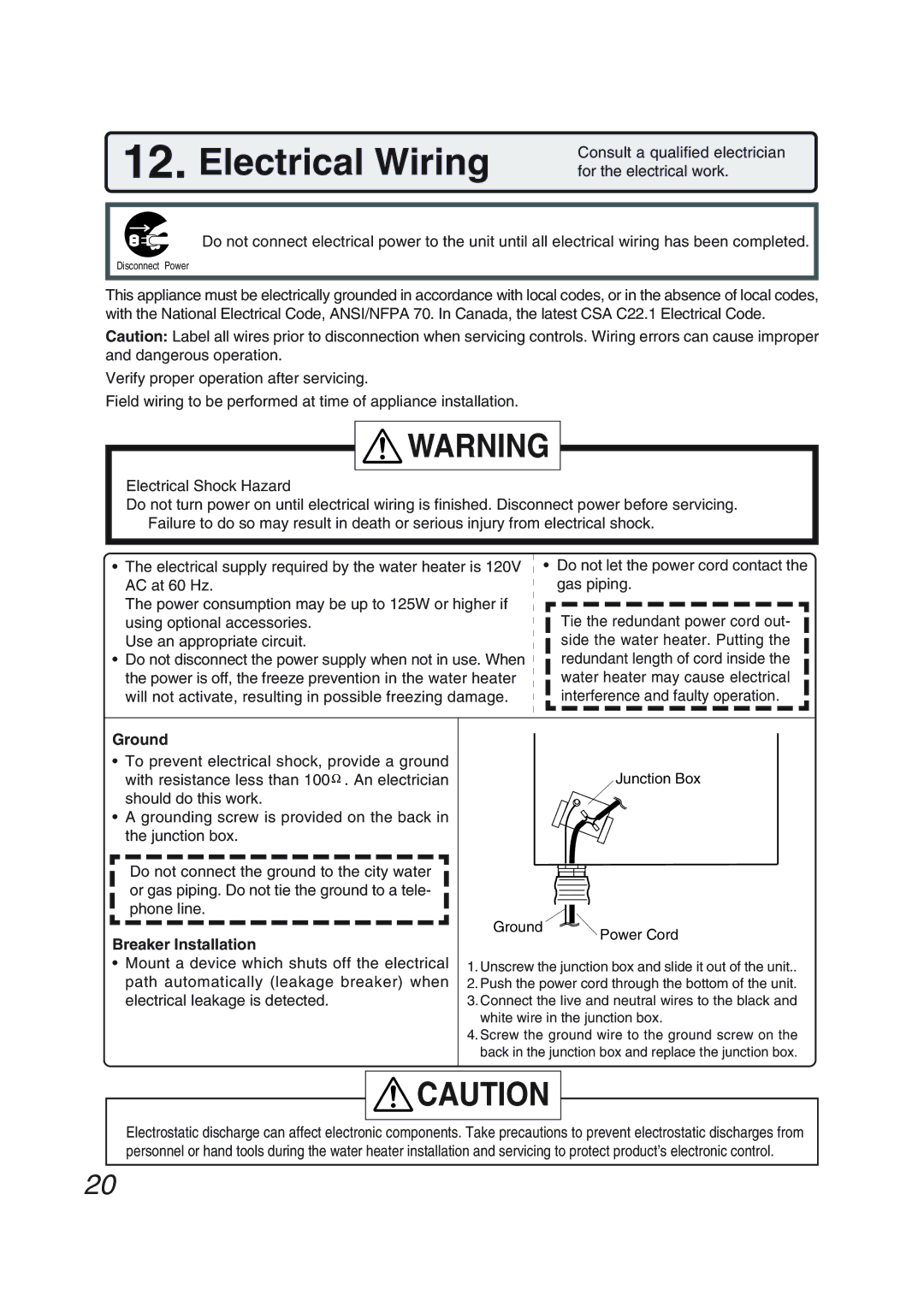 Pentax N-0751M-OD installation manual Electrical Wiring, Ground, Breaker Installation 