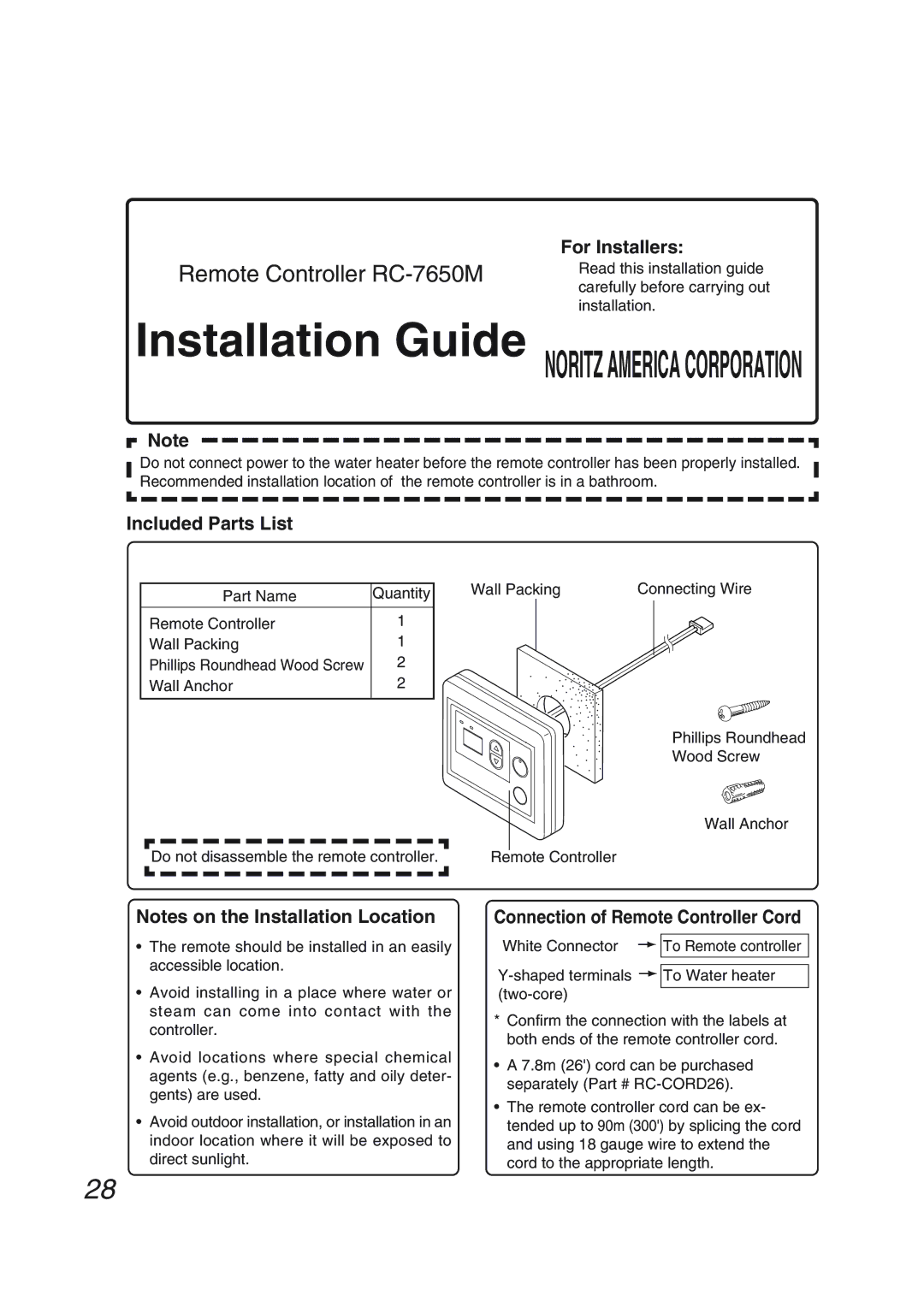 Pentax N-0751M-OD For Installers, Included Parts List, Connection of Remote Controller Cord, White Connector 