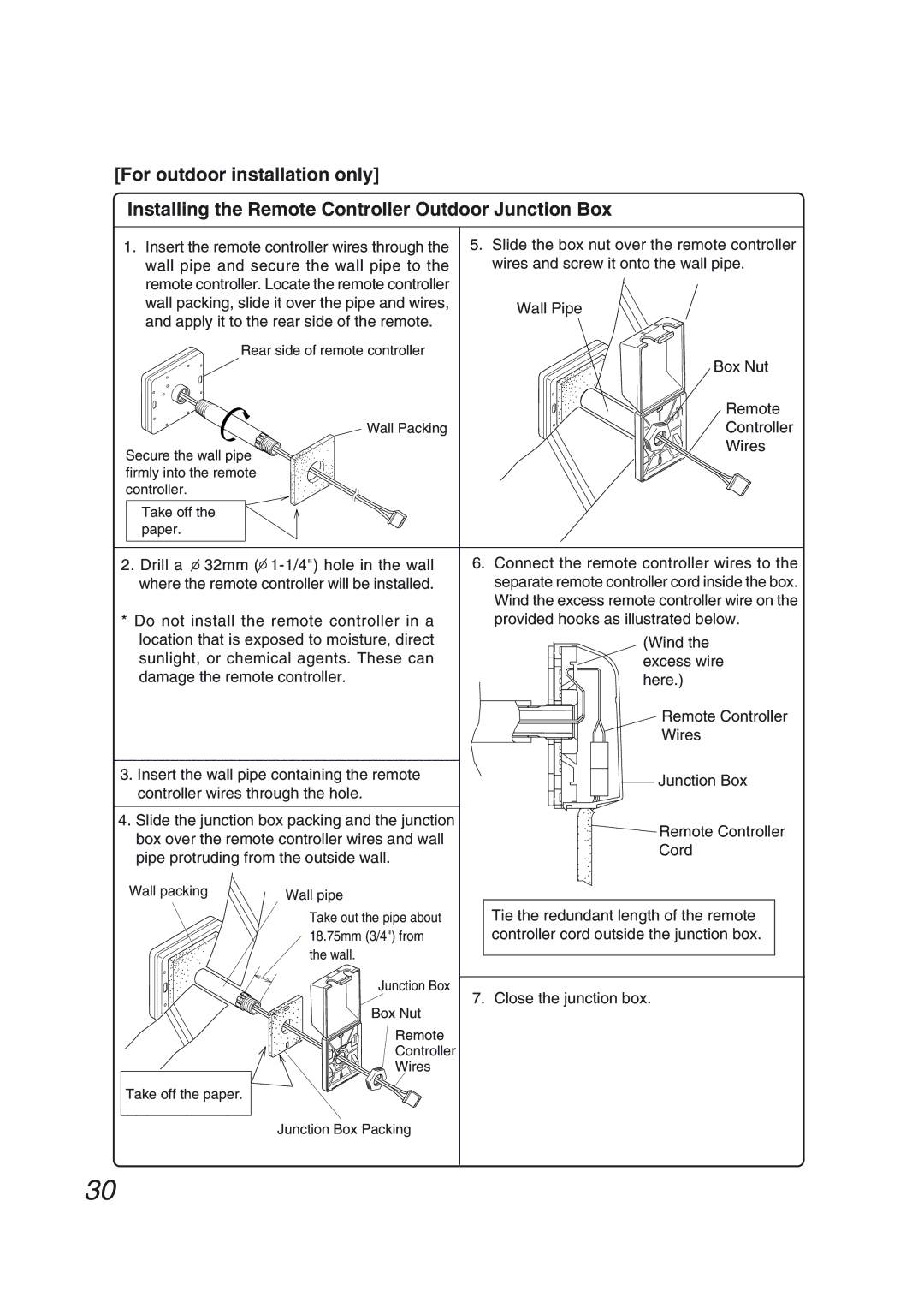 Pentax N-0751M-OD Box Nut, Tie the redundant length of the remote, Controller cord outside the junction box 