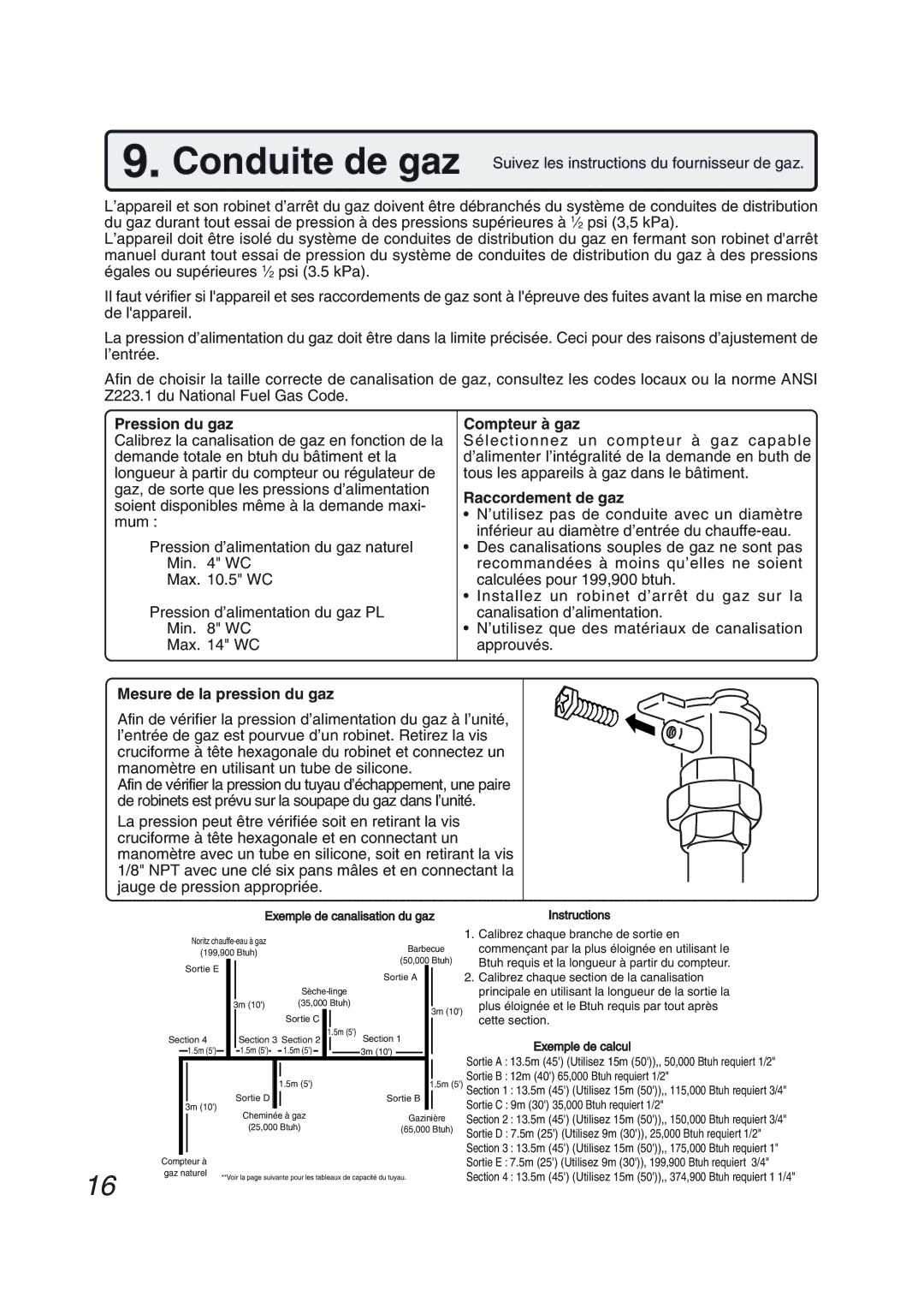 Pentax N-0751M-OD installation manual Pression du gaz, Mesure de la pression du gaz Compteur à gaz, Raccordement de gaz 