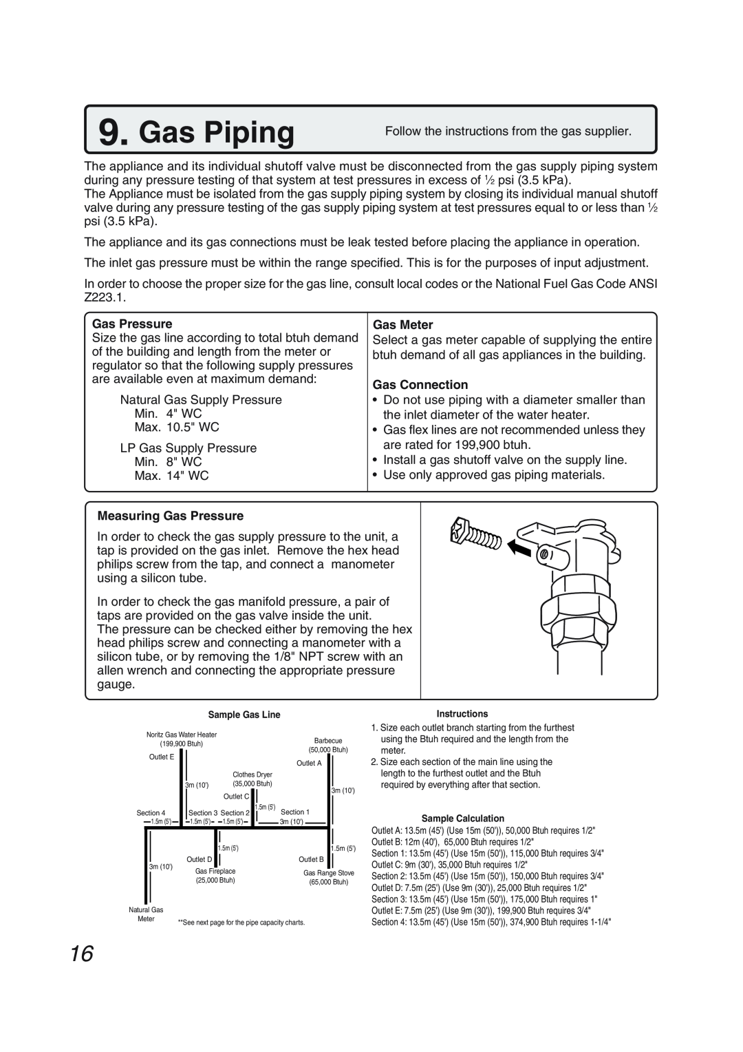 Pentax N-0751M-OD installation manual Gas Piping, Measuring Gas Pressure, Gas Meter, Gas Connection 