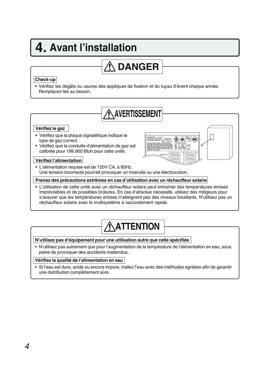 Pentax N-0751M-OD installation manual Avant l’installation, Avertissement, Danger 