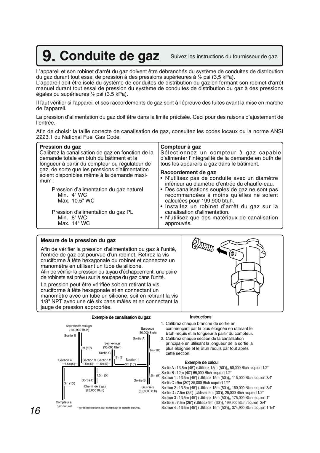 Pentax N-0751M-OD installation manual Pression du gaz, Mesure de la pression du gaz, Compteur à gaz, Raccordement de gaz 