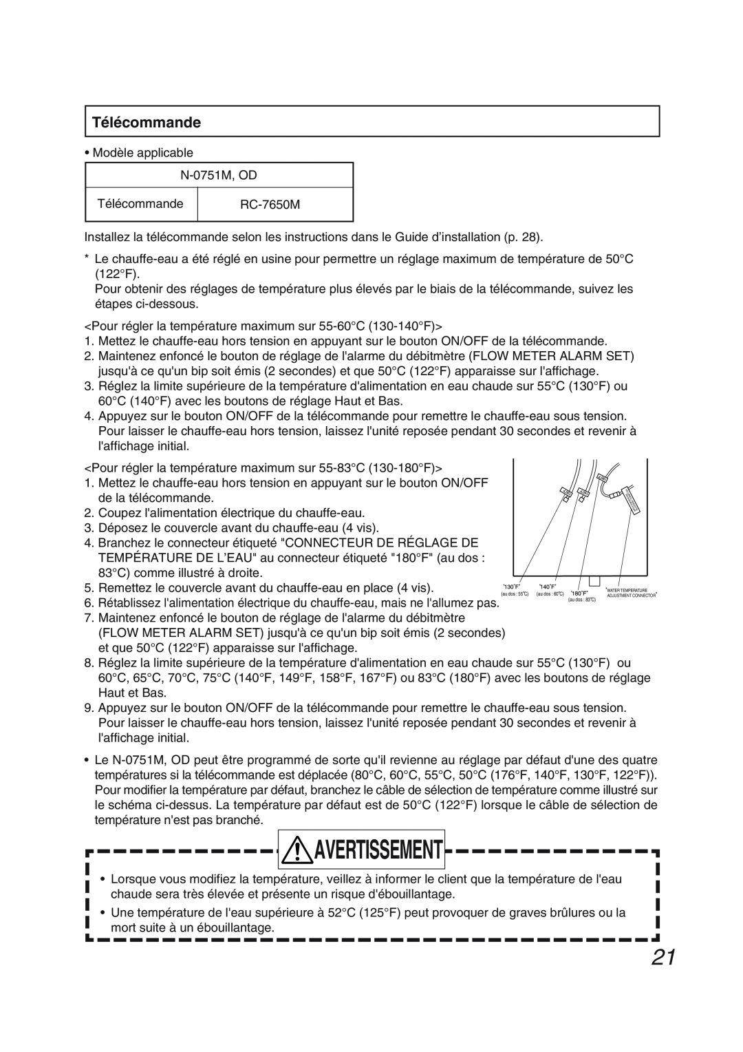 Pentax N-0751M-OD installation manual Télécommande, Avertissement 