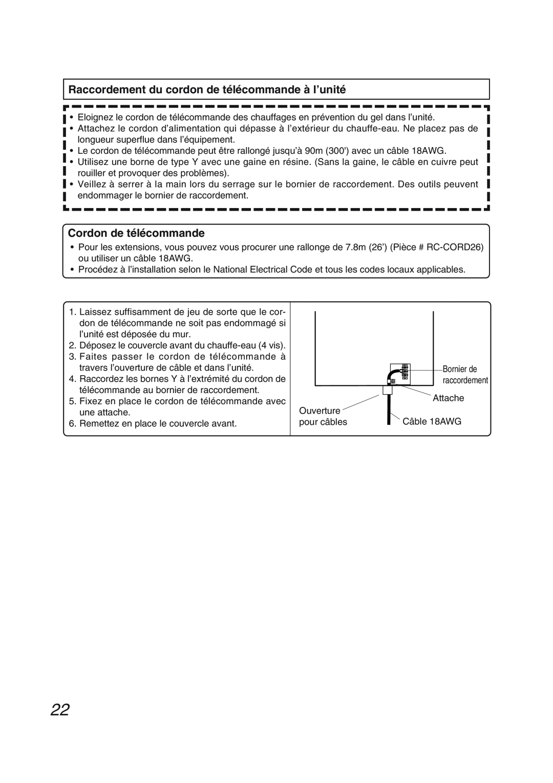 Pentax N-0751M-OD installation manual Raccordement du cordon de télécommande à l’unité, Cordon de télécommande 
