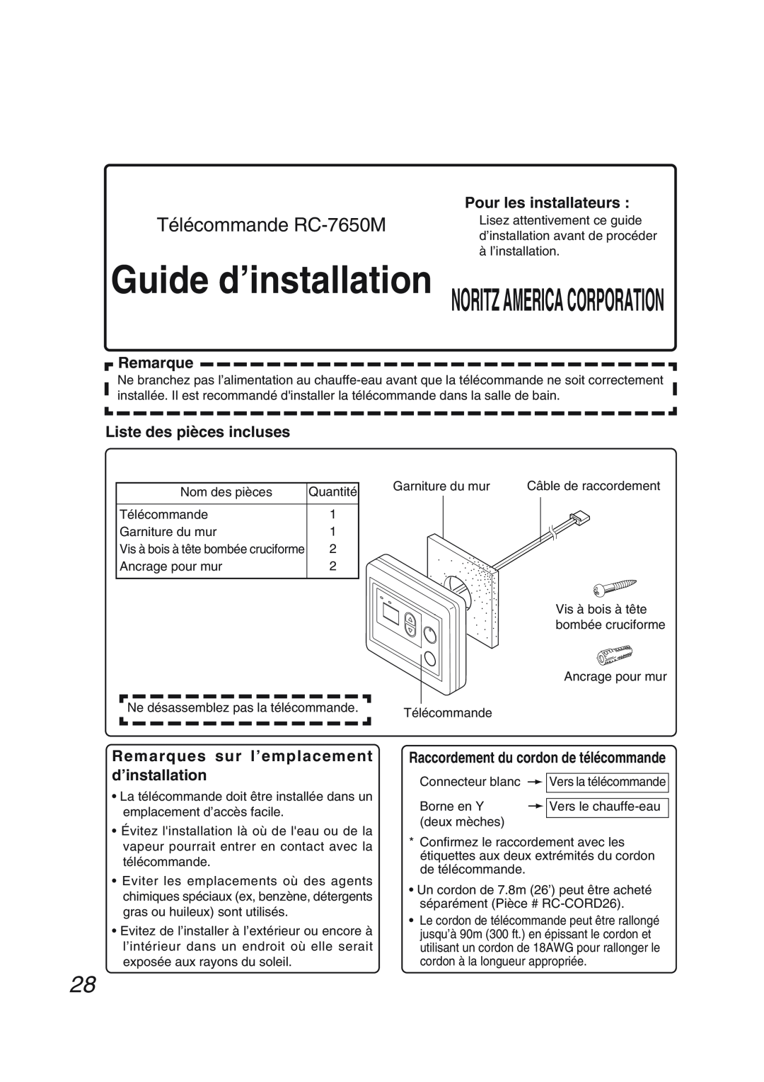 Pentax N-0751M-OD Guide d’installation NORITZ AMERICA CORPORATION, Télécommande RC-7650M, Pour les installateurs, Remarque 