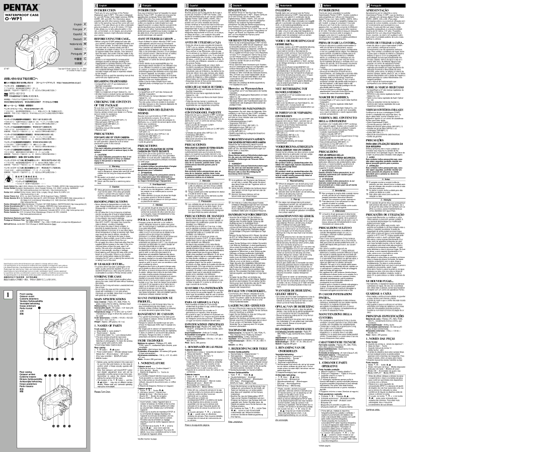 Pentax O-WP1 specifications Introduction, Before Using the Case, Regarding Trademarks, Handing Precautions, Marques 